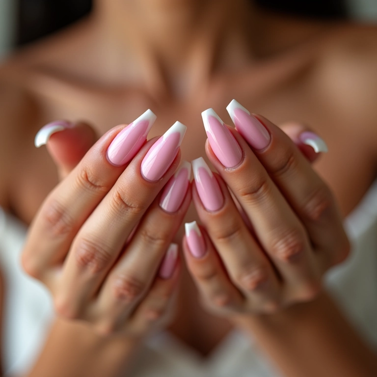 Unhas decoradas rosa com francesinha clássica, mãos femininas.