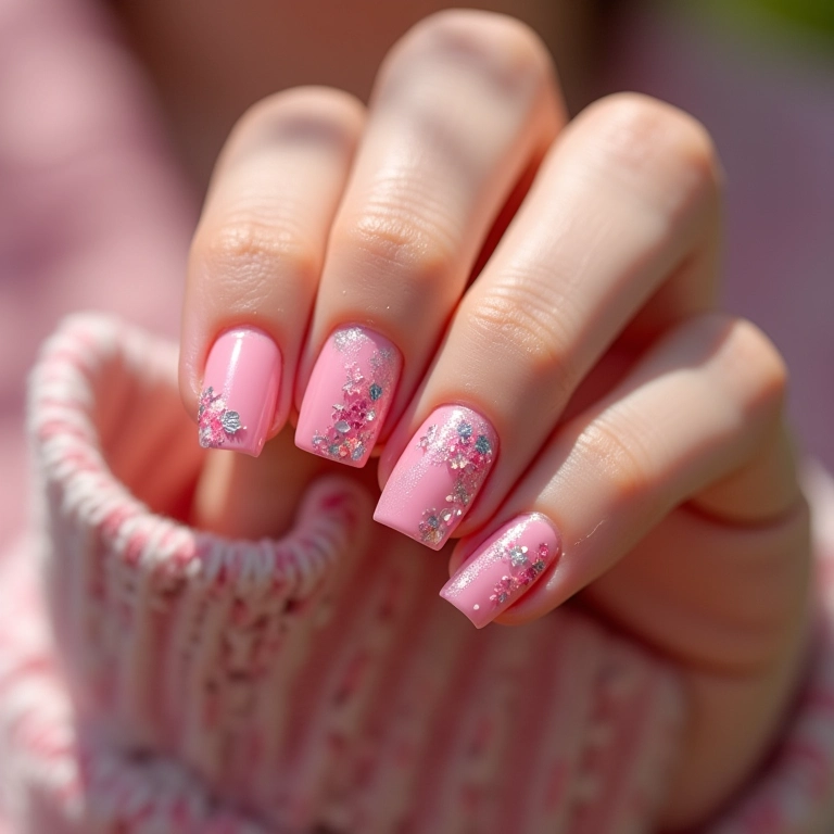 Unhas decoradas rosa com glitter e flores.