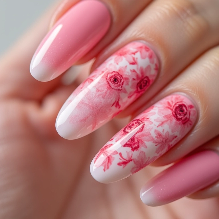 Unhas decoradas rosa e branco com design elegante e delicado.