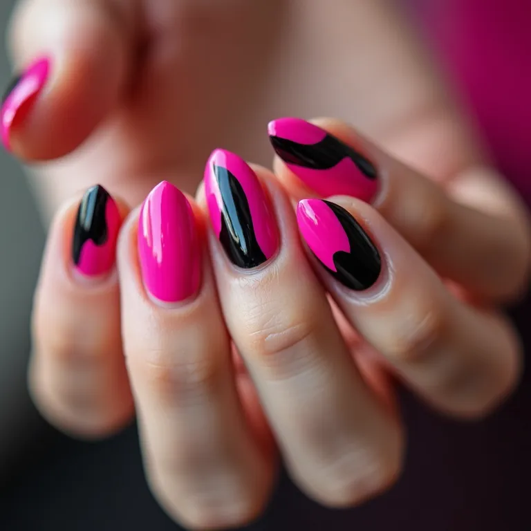 Unhas decoradas rosa e preto com design moderno e ousado.