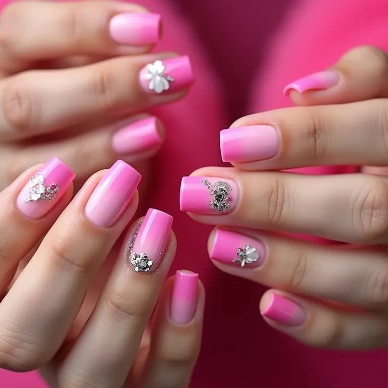 Unhas decoradas rosa estilo Barbie em diferentes tons e designs.