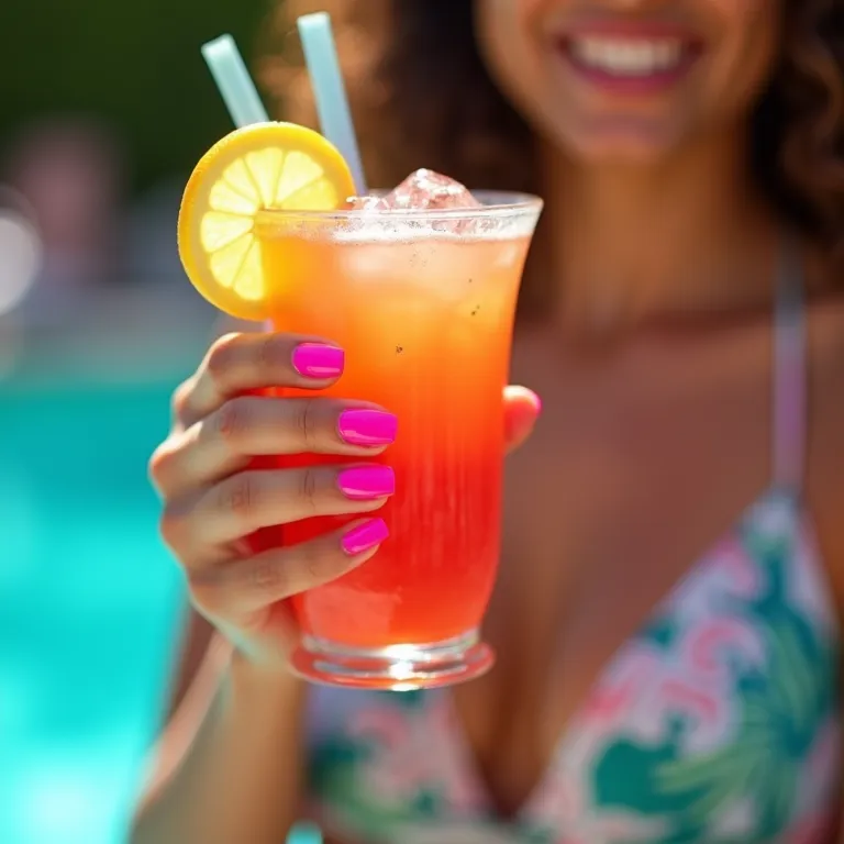 Unhas decoradas rosa neon vibrantes em dia ensolarado.