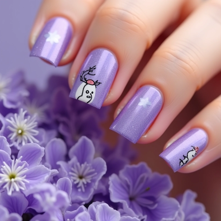 Unhas decoradas roxo e lilás com adesivos temáticos.