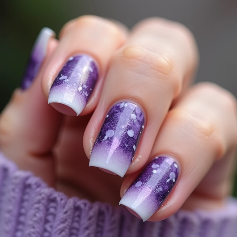 Unhas decoradas roxo e lilás com design moderno.