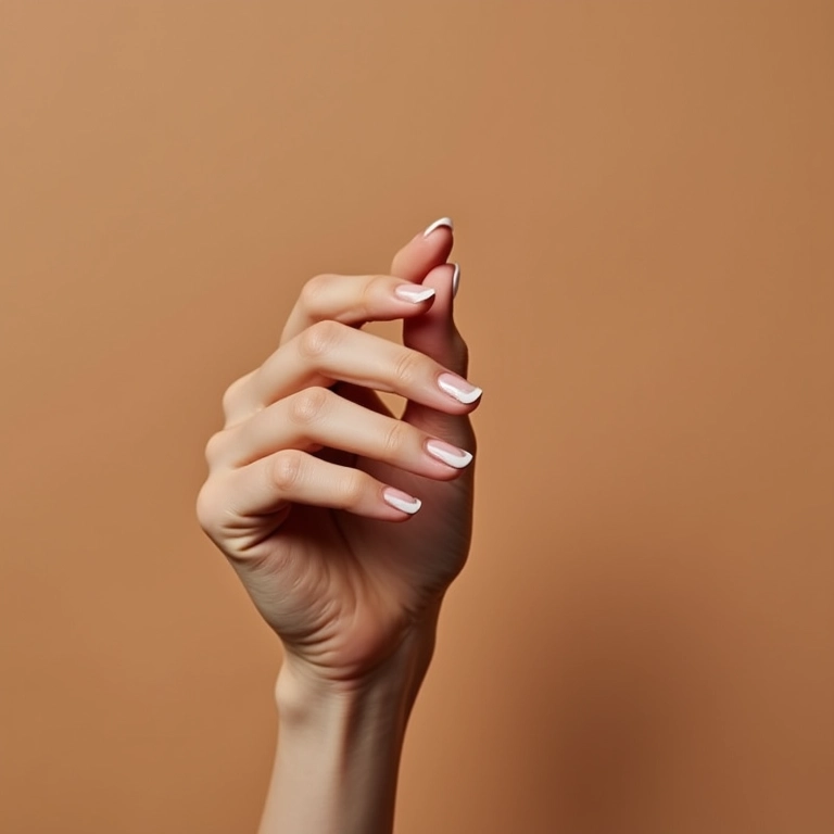 Unhas decoradas simples com francesinha em mãos de pele morena.