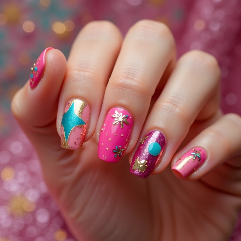 Unhas decoradas temáticas para festas juninas, com cores vibrantes e elementos típicos.