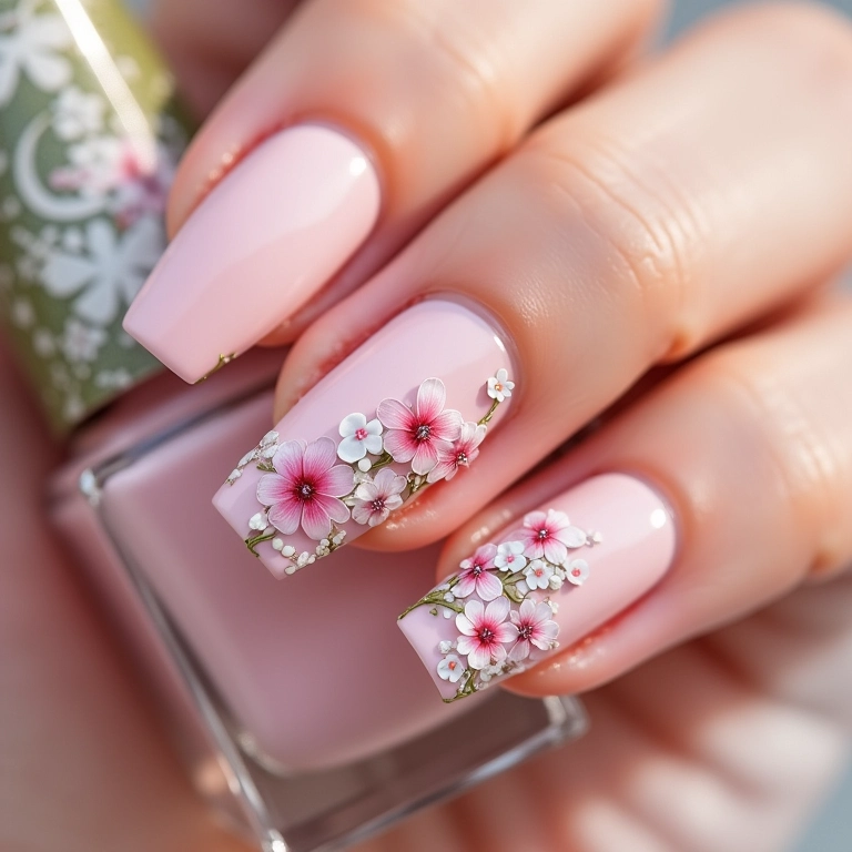 Unhas decoradas tons pasteis com flores delicadas.