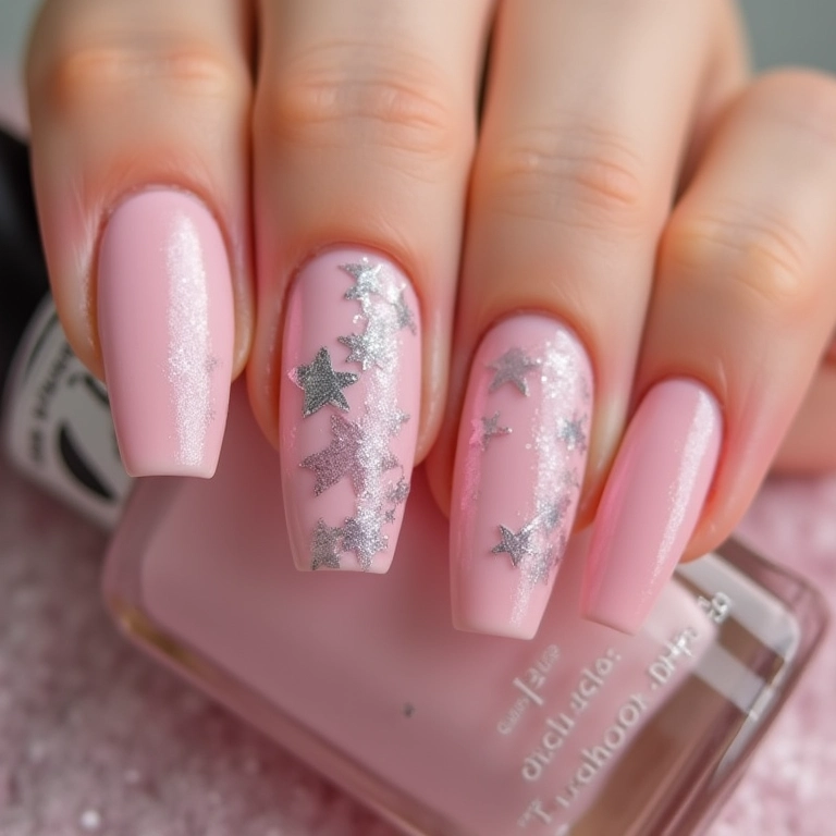 Unhas decoradas tons pasteis com glitter sutil.
