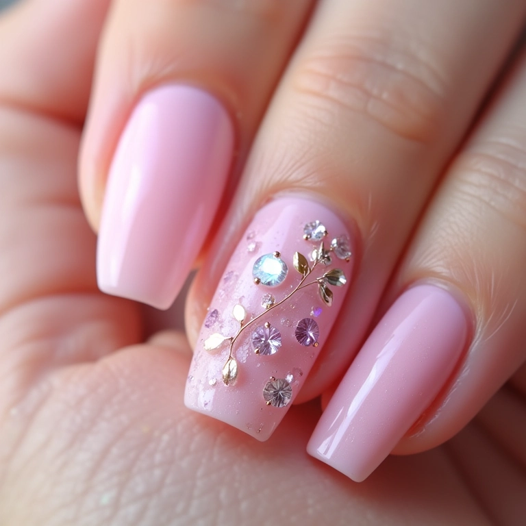 Unhas decoradas tons pasteis com pedrarias delicadas.