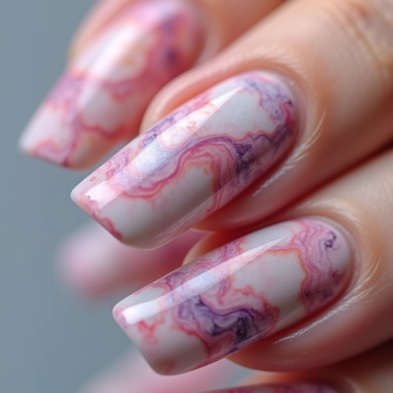 Unhas decoradas tons pasteis marmorizadas.