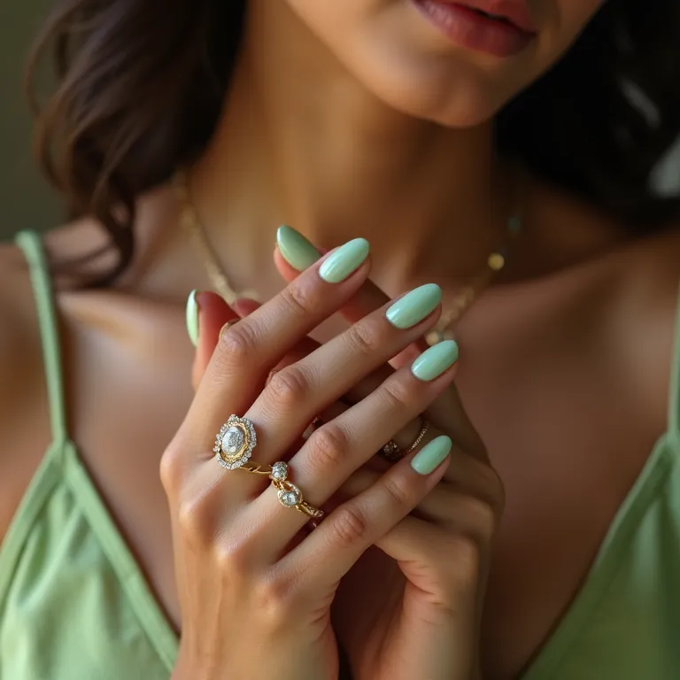 Unhas decoradas verde claro com esmalte suave e delicado.