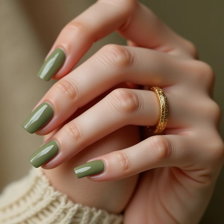 Unhas decoradas verde oliva com anel dourado elegante.