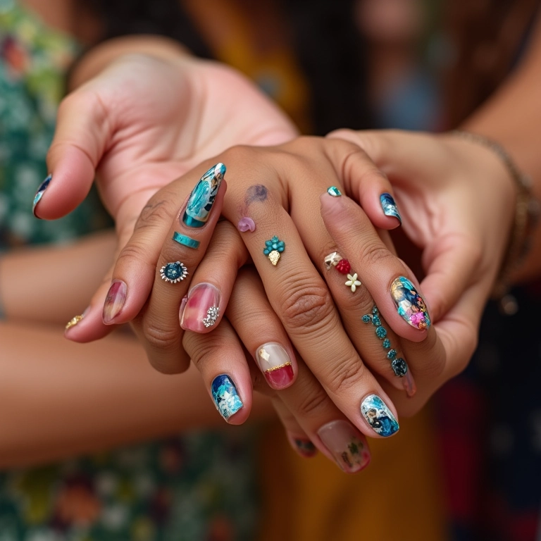Unhas decoradas vibrantes em mãos de mulheres brasileiras diversas.