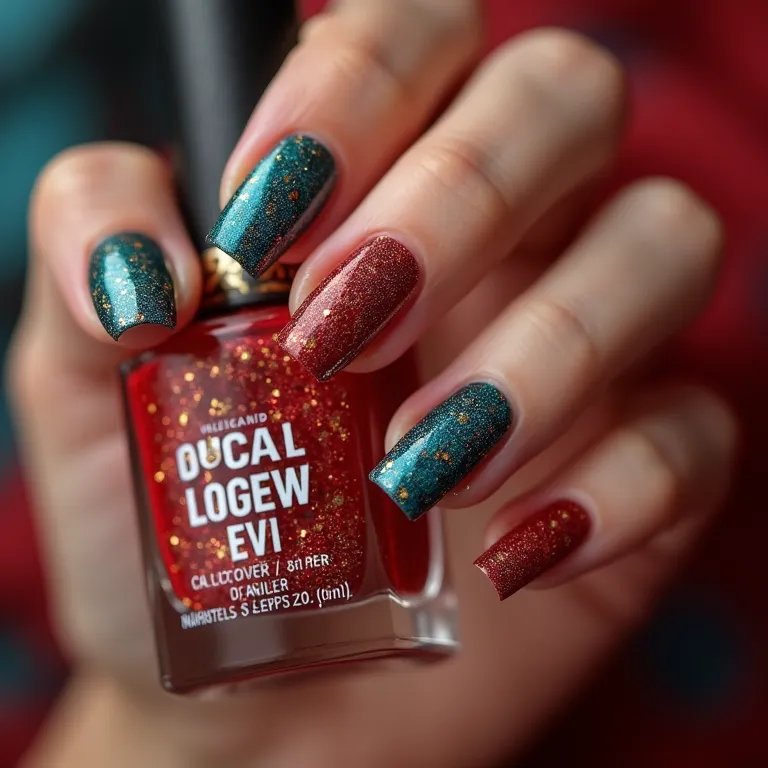 Unhas decoradas vibrantes para o Ano Novo com glitter e cores festivas.