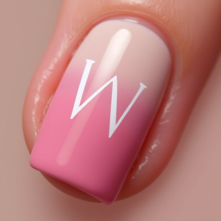 Unhas degradê com a inicial W aplicada, cores suaves e design moderno.