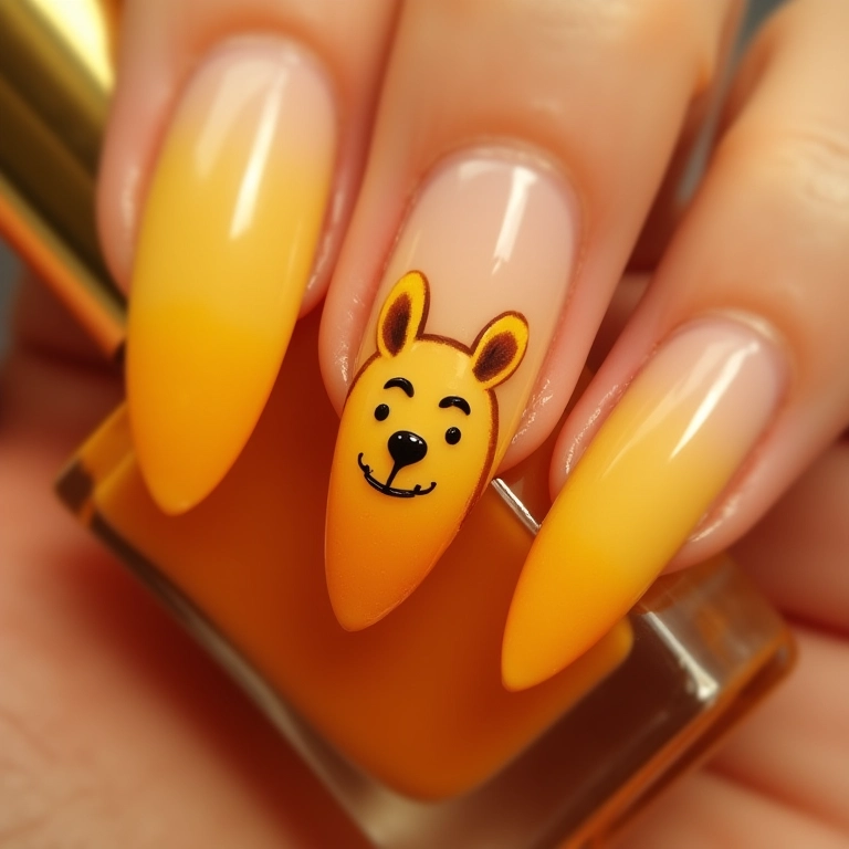 Unhas degradê com as cores do Ursinho Pooh.