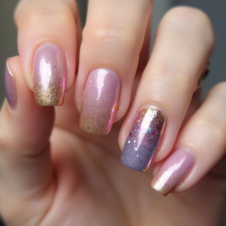 Unhas degradê com cores festivas de Ano Novo.