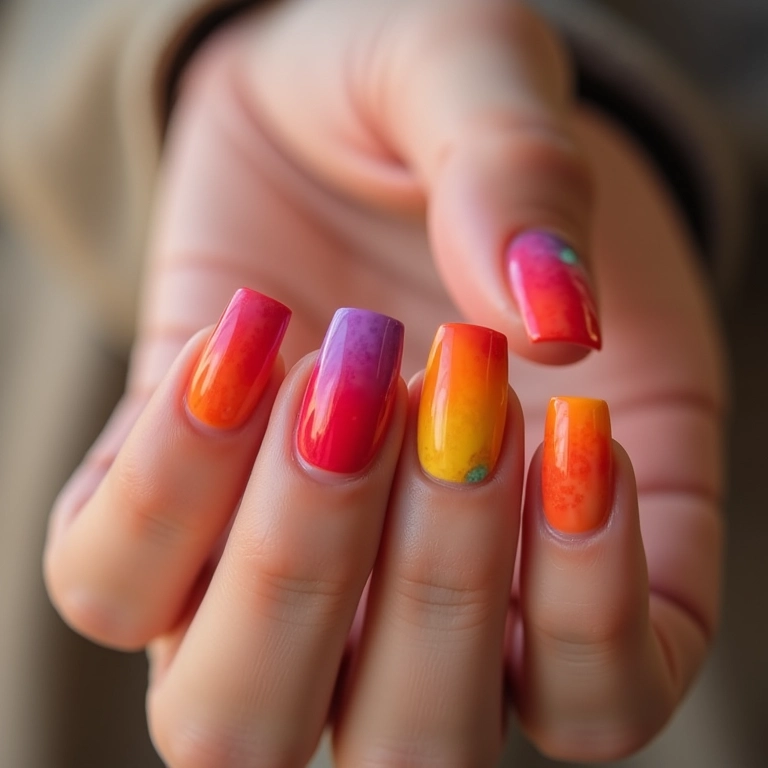 Unhas degradê com cores vibrantes em transição suave.