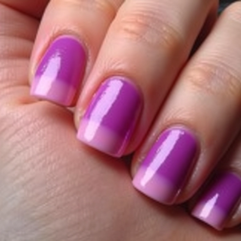 Unhas degradê com efeito ombre (rosa para roxo), design gradiente.