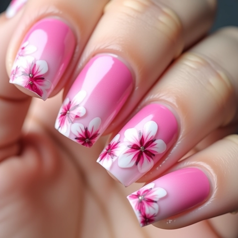 Unhas degradê com flores de cerejeira e glitter.