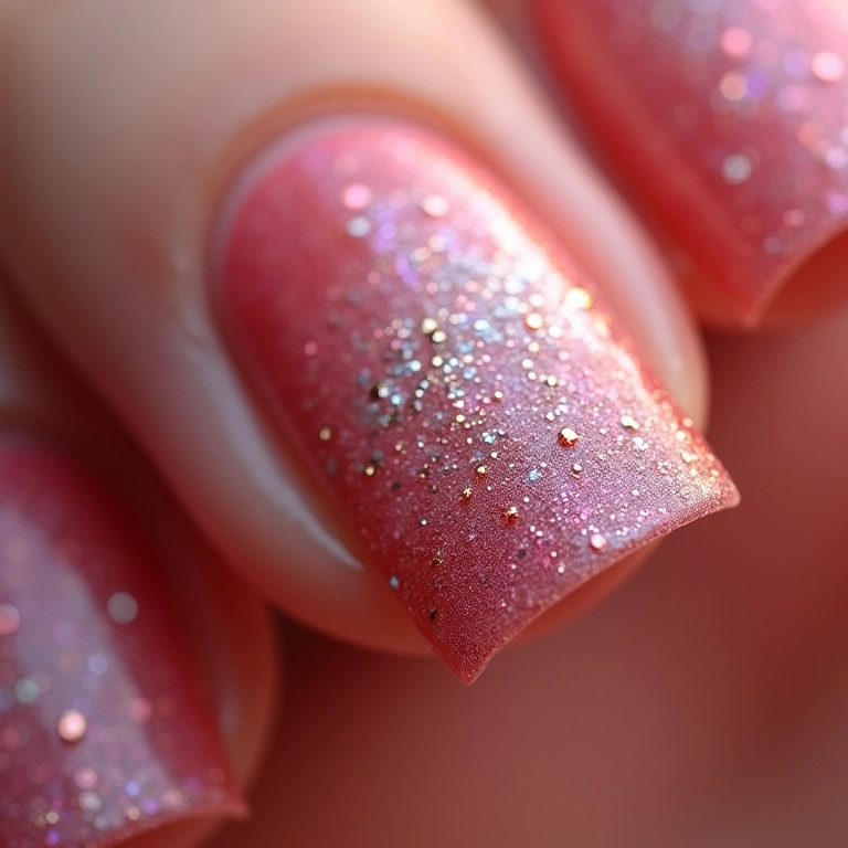 Unhas degradê com glitter, transição suave de cores e brilho.