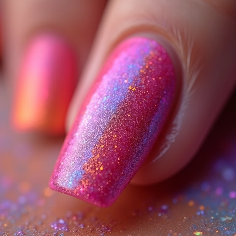 Unhas degradê com pó neon.