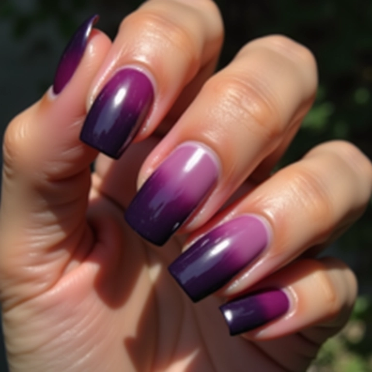 Unhas degradê com tons de jabuticaba em mão feminina.