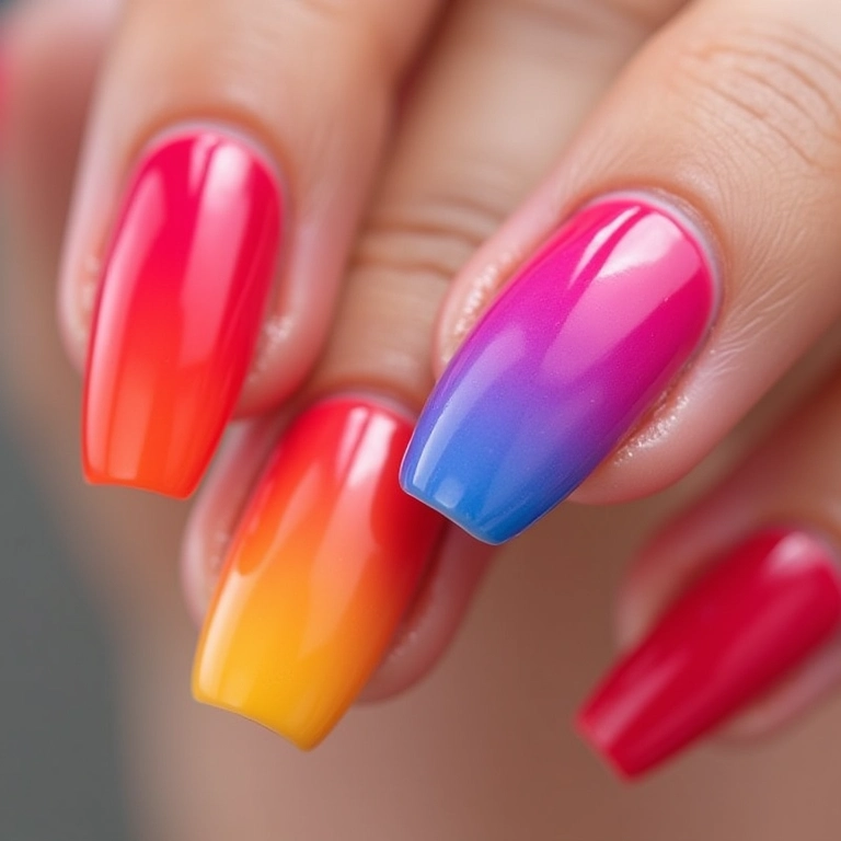 Unhas degradê com transição suave de cores vibrantes.