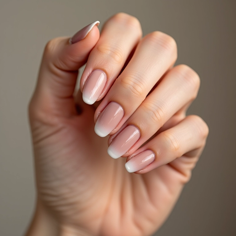 Unhas degradê em tons neutros com efeito suave.