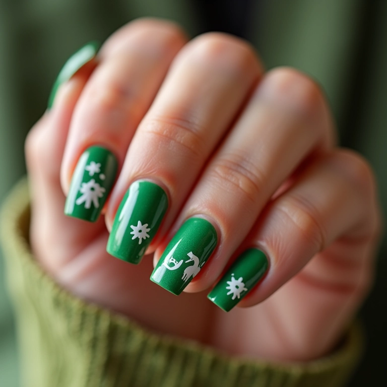 Unhas degradê em verde e branco com o símbolo do Palmeiras.