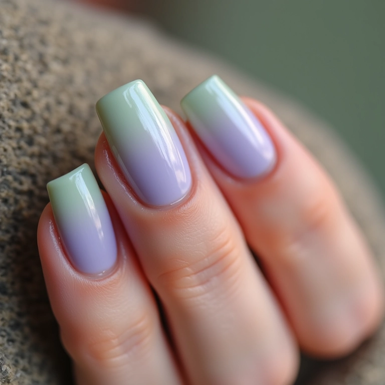 Unhas degradê lilás e verde, transição suave de cores.