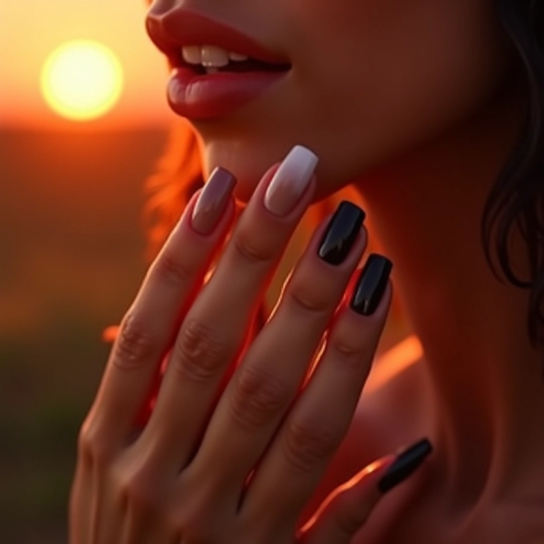Unhas degradê nude para preto: transição elegante.