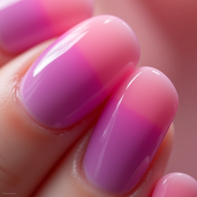 Unhas degradê (ombré) em tons de rosa e roxo para festa.