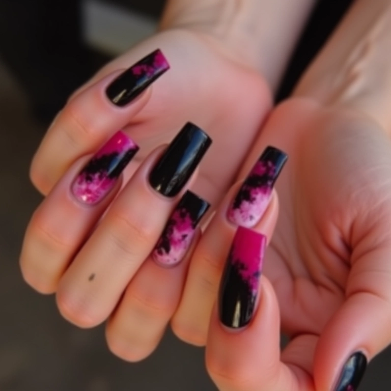 Unhas degradê preto e rosa: transição suave.
