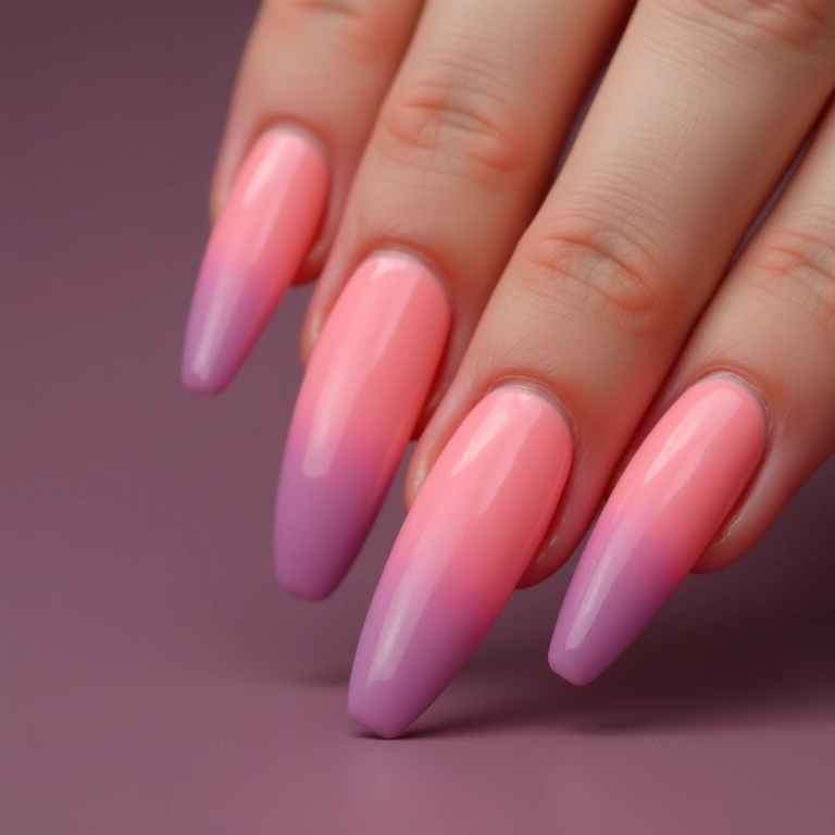 Unhas degradê rosa e lilás, transição suave.