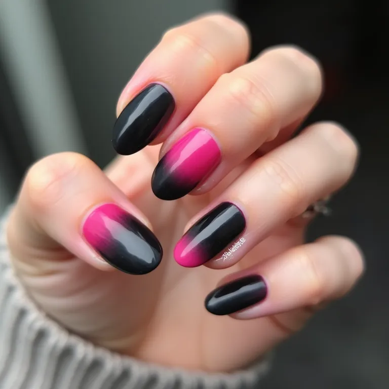Unhas degradê rosa e preto, transição suave de cores.