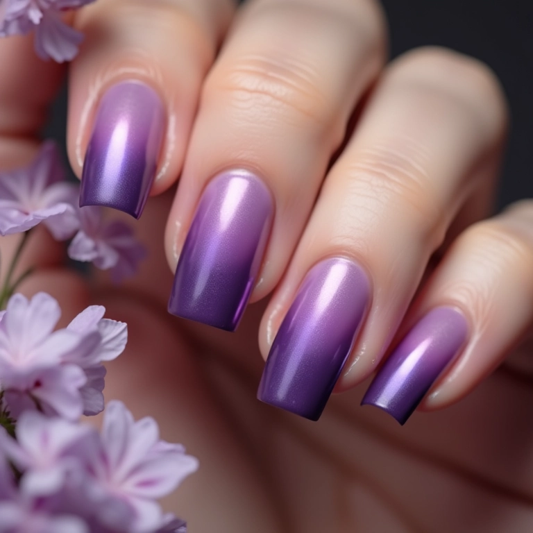 Unhas degradê roxo e lilás com transição suave.