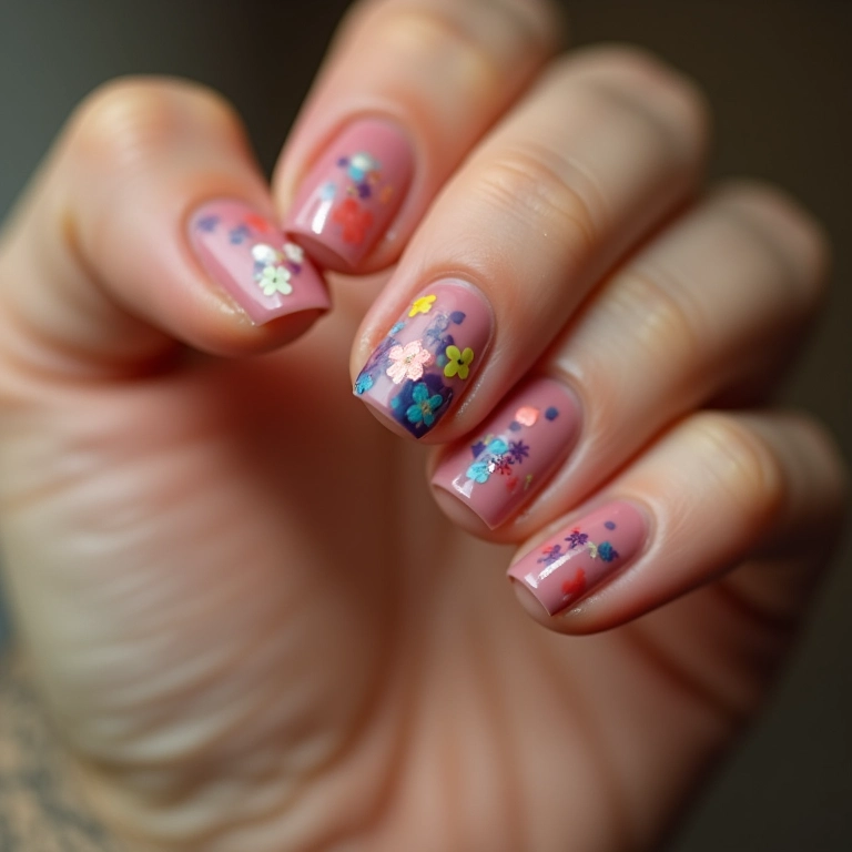 Unhas delicadas com as iniciais do nome em estilo minimalista.