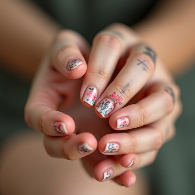 Unhas delicadas com tattoos florais e esmalte.