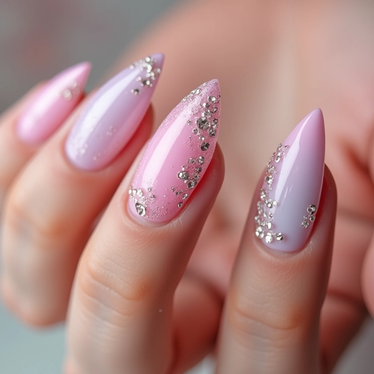 Unhas delicadas em tons pastel com glitter e pedrinhas.