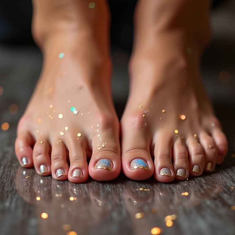 Unhas do pé com adesivos de glitter brilhantes.