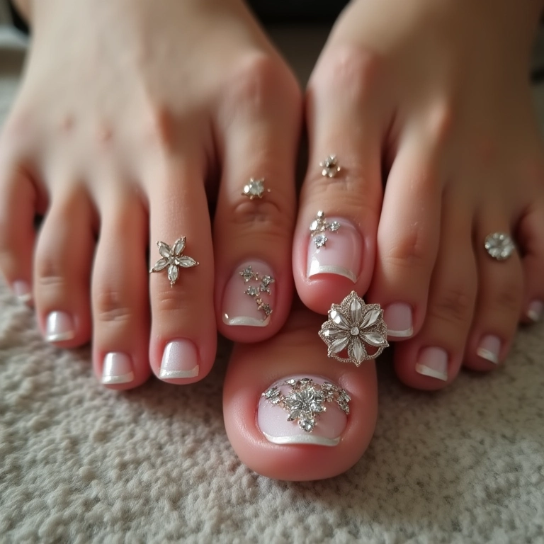 Unhas do pé com adesivos de pedraria.