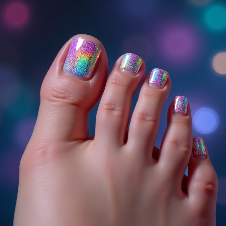 Unhas do pé com adesivos holográficos.