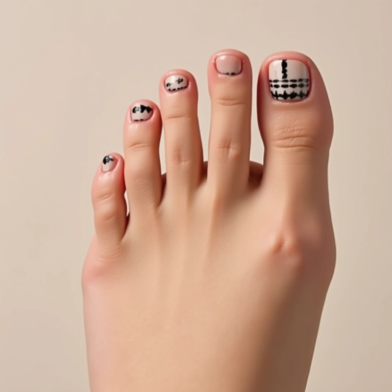 Unhas do pé com adesivos minimalistas e elegantes.