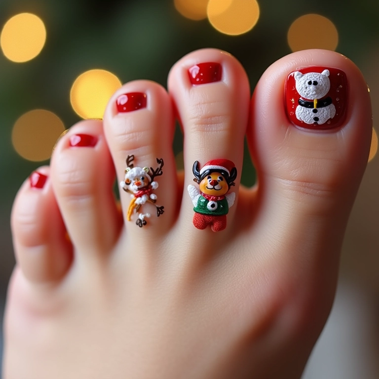 Unhas do pé com adesivos temáticos para festas.
