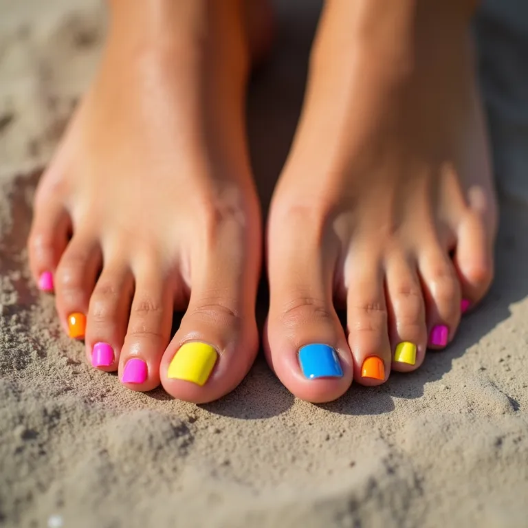 Unhas dos pés com cores vibrantes de verão.