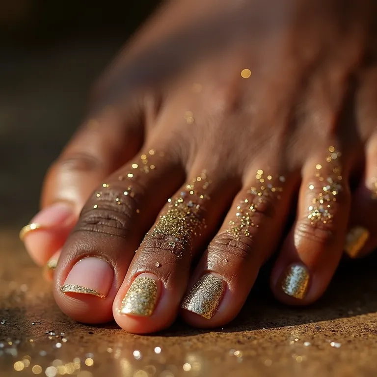 Unhas dos pés com glitter dourado e prateado.