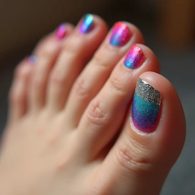 Unhas dos pés decoradas com arte vibrante e detalhada.