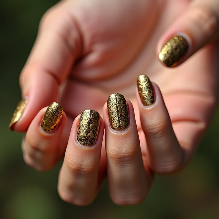 Unhas douradas com desenhos tribais em unhas naturais.