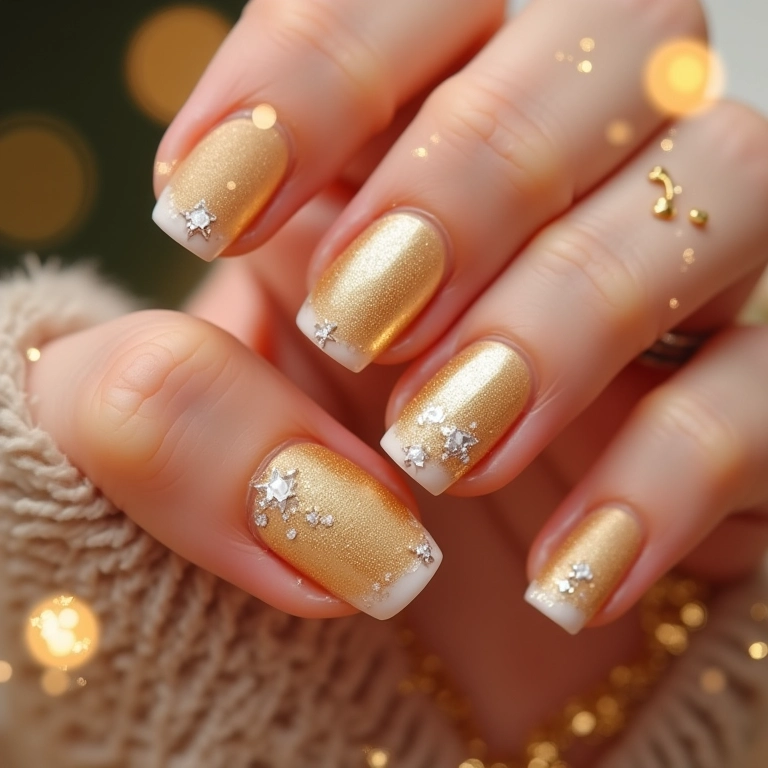 Unhas douradas com detalhes em branco para celebrar o Ano Novo.